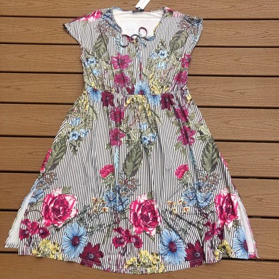 ModCloth Liza Luxe Size 1X Striped Floral Elastic Waist Fit & Flare Midi Dress