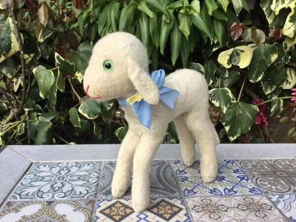 ANTIQUE STEIFF LAMB Silver Ear Button Wool Mohair Vintage German Toy Easter Gift