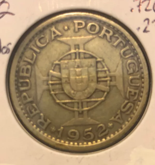 1952 Angola-Portuguese Admin-20 Escudos Silver Coin-KM#74