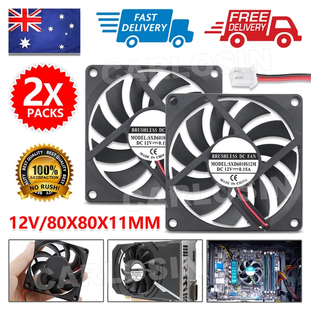 2x 80x80x10mm DC 12V Brushless Silent Computer PC Case Cooling Cooler Fans