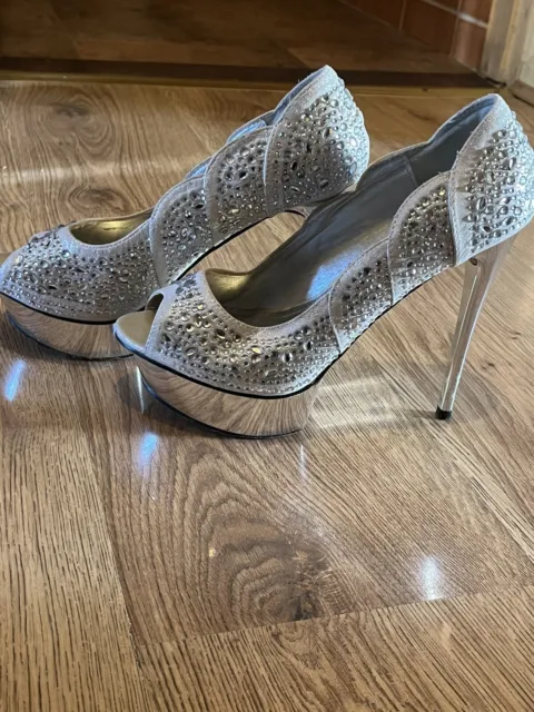 Quiz Ladies siver peep toe diamante stiletto Platform Party Heels Shoes Size 6