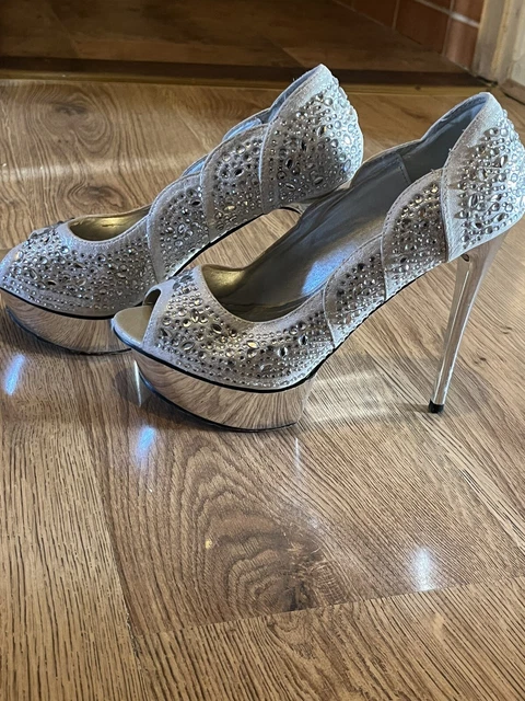 Quiz Ladies siver peep toe diamante stiletto Platform Party Heels Shoes Size 6