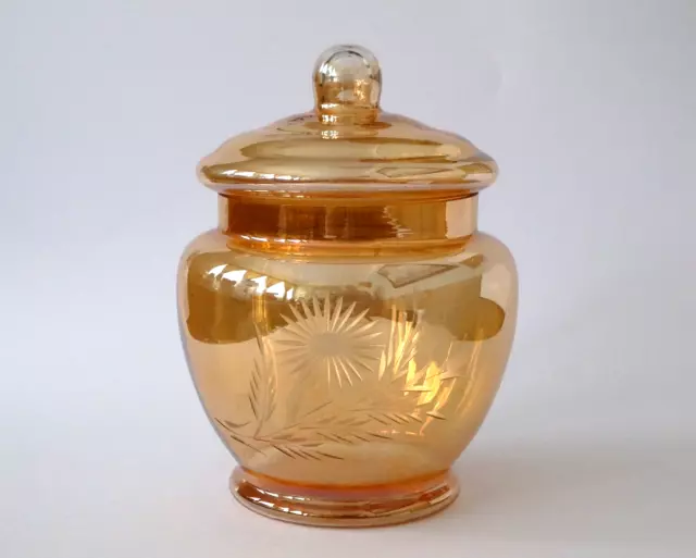 Vintage - 1960's Etched, Peach Lustre, Iridescent, Lidded Glass Jar, Carnival 2