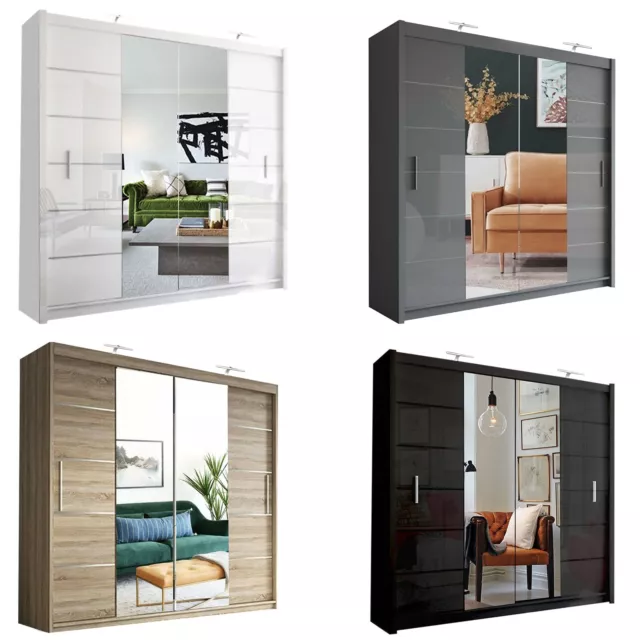 Modern Double Sliding Door Wardrobe Center Mirror LISBON 2 COLOURS - 3 SIZES