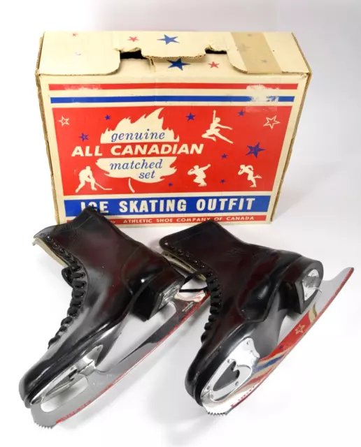 Vintage All Canadian Men's Black Leather Ice Skates Size 9 Made in Canada