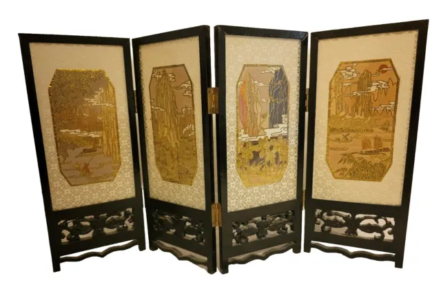 Vintage Asian Folding Screen 4 Panel Double Sided Dollhouse Miniature 10 1/4"