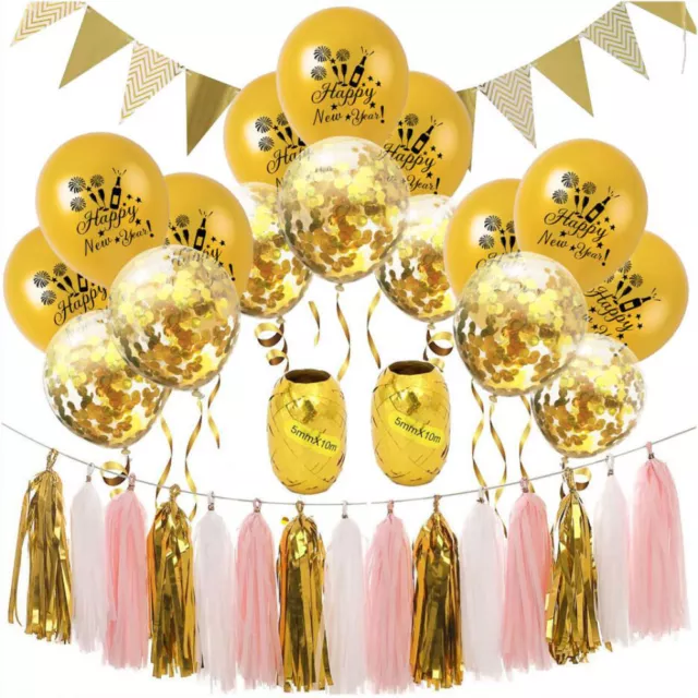 Happy New Year Silvester Neujahr Party Feier Deko Set - Girlanden Ballons Gold