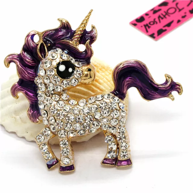 Hot Fashion Lady Purple Shiny Unicorn Pony Enamel Rhinestone Women Brooch Pin