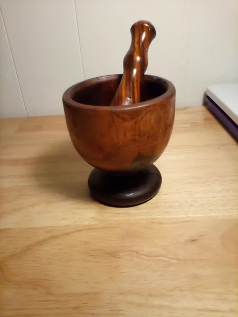 Vintage Primitive Brown Wooden Mortar and Pestle Grinder for Spices, Medicine