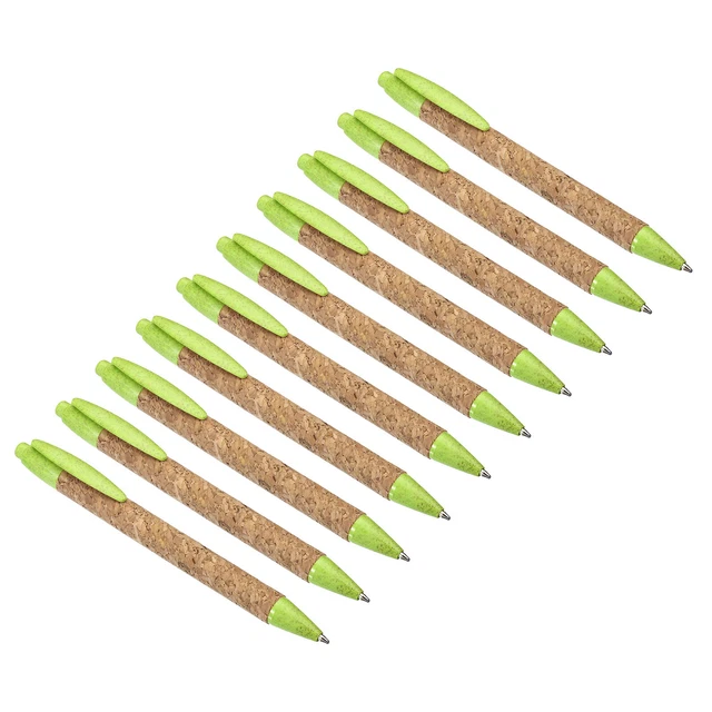 10 Pcs Wheat Straw Pens Black Ink Cork Recycle Ballpoint Pens, Green