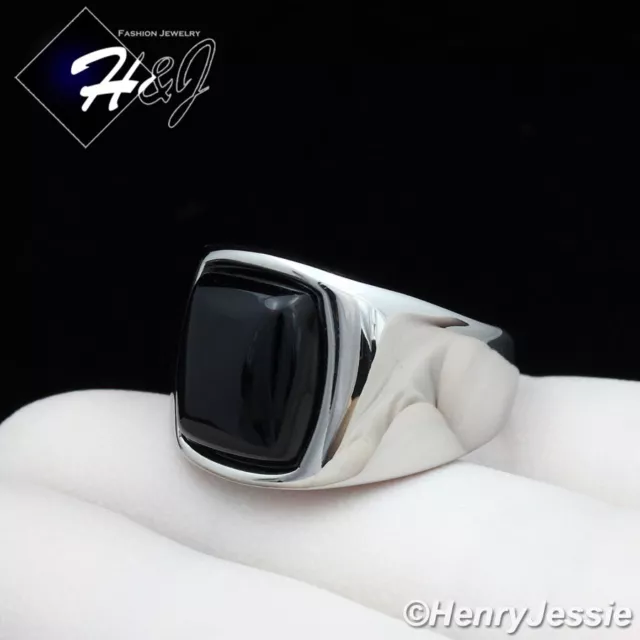 MEN's Stainless Steel Rectangle Black Onyx Silver Ring Size 8-13*TR110