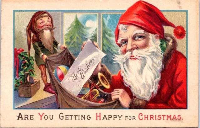SANTA and a Elf with Bag of Toys, CHRISTMAS Greetings Postcard - Series 1401 C