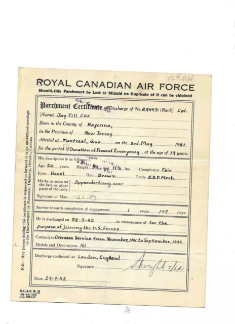 Royal Canadian Air Force  Parchment  Certificate Of Discharge Jay Till Cox 1941