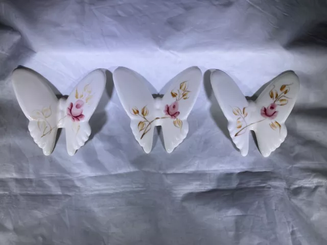 Vintage MCM White Porcelain Ceramic Butterfly Pink Flower Wall Hanging Set Of 3