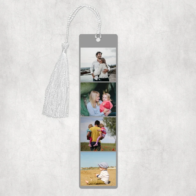 Personalisiertes Aluminium Lesezeichen mit 4 Fotos grauer Hintergrund, Vatertag