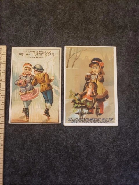 2 Lautz Bros Soap Antique Victorian Trade Cards Roller Skaters & Girl w Doll