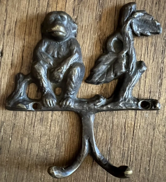 Brass Monkey On Branch Wall Mount Double Hook Key / Utility Hanger.  E3