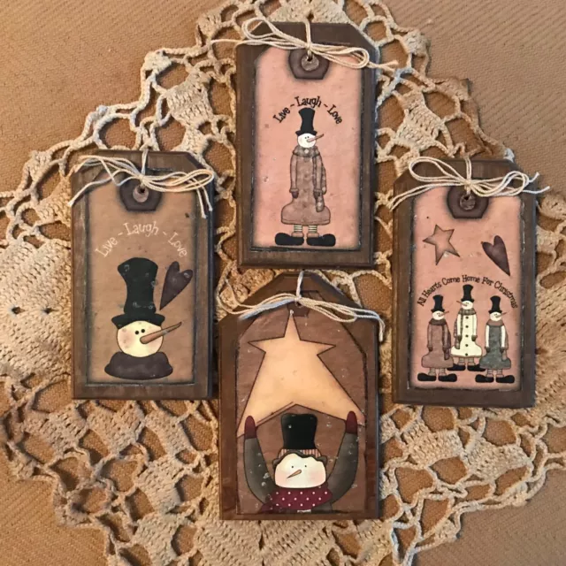 5 **NEW** Handcrafted Wooden PRIM Christmas Ornaments/Snowman Hang Tags Set14