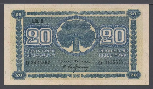 Finland 1945 , 20 Markkaa , Pick 86 , Consecutive Nr. 2 , -UNC
