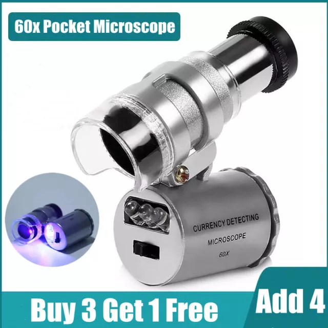 60x Pocket Microscope – Magnifying Glass Jeweller Loupe Magnifier - LED UV Light