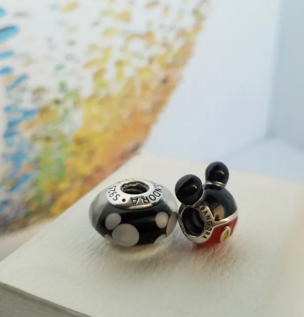 Set Of 2 Pandora Charms Mickey Mouse Playful Icon and Muckey Mouse Murano Charms