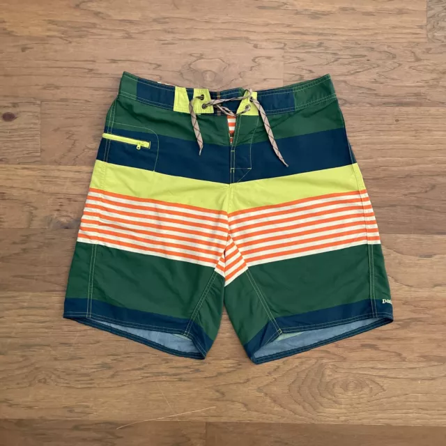 Patagonia Swim Trunks Mens 32 Green Stripe Lightweight Board Shorts Outdoor Logo