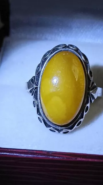 Big Antique Soviet Russian Art Deco 875 Sterling Silver Etched Amber Ring Size 8