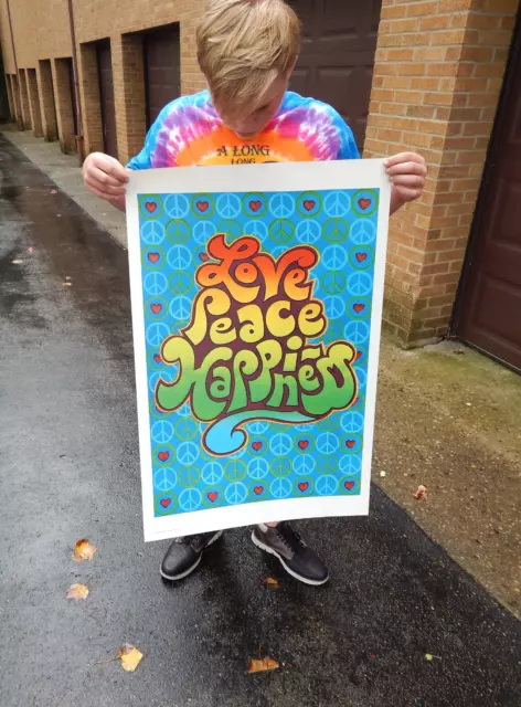 Vintage NOS Original Early 1970's Love Peace Happiness Hippie Poster Dayton Ohio