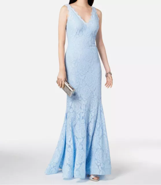 $469 Betsy & Adam Women's Blue Lace Deep V-Neck V-Back Mermaid Gown Dress Size 8