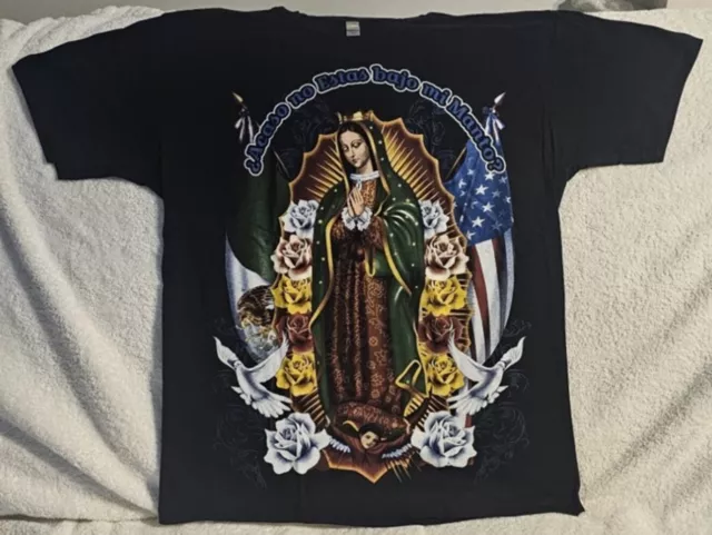 Guadalupe Virgin Mary Mexican American Flag Pray Flower Rose Religious T-Shirt