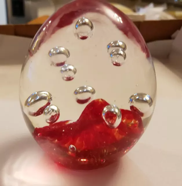 Vintage Art Glass Paperweight Red & Clear Controlled Bubble Large 3 1/2"