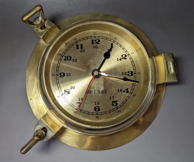 Ship's Time Heavy Solid Brass Porthole Quartz Clock Wooden Wheel Nautical  12”x14