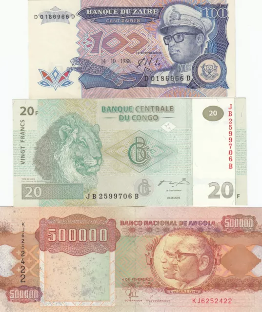 Zaire, Kongo, Angola, Set Mit 3 Verschiedene Länder Banknoten
