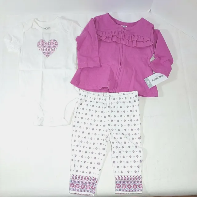 Carters Baby Girl 3 Pc Outfit Set Size 6 Months 6M Magenta Pink Heart Henna Cute