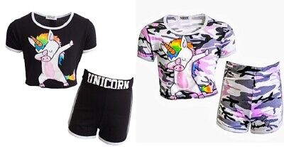 Girls Unicorn Summer Top & Gym Shorts Outfit Pink Black Age 6 7 8 9 10 11 12 13