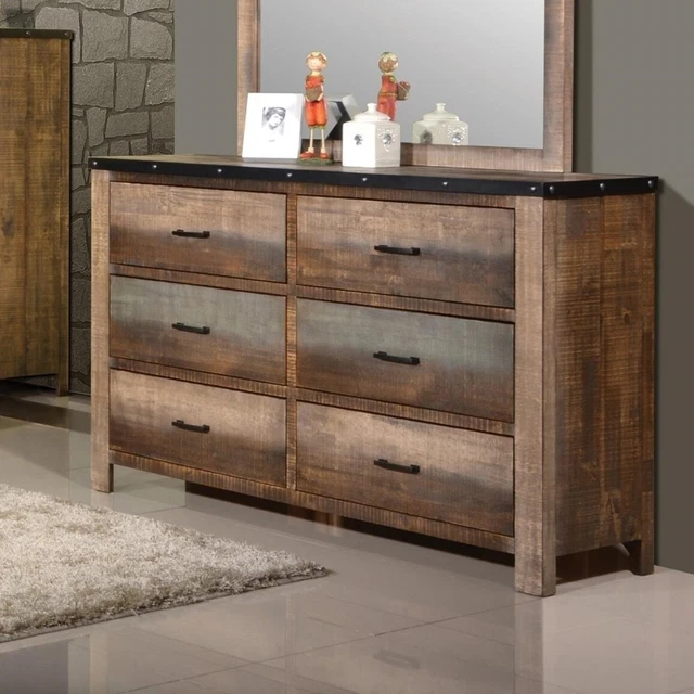Wooden Dresser with Rough-Sawn Design & Rivet Banding, Brown Brown 6-drawer