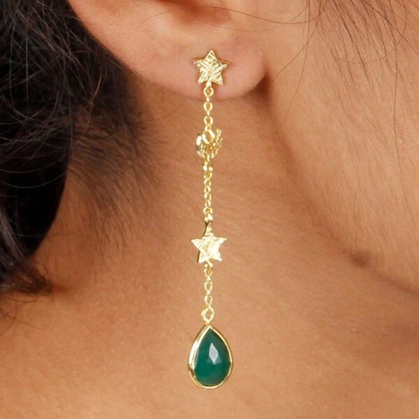Green Onyx Pear Shape Dangle Earring Gold Plated Star And Moon Charm Earrings