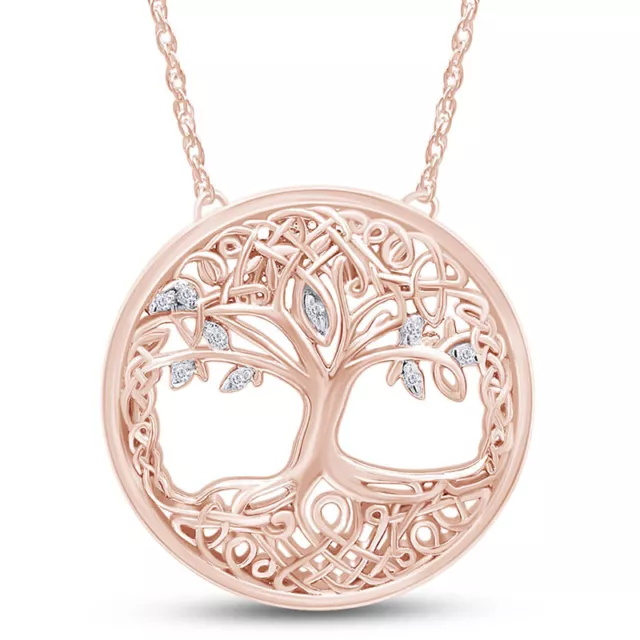 Tree Life Pendant Necklace Round Simulated Diamond 14K Rose Gold Plated Silver