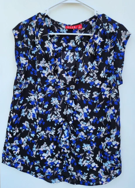 ELLE Women Blue Floral Summer Short Sleeve V-neck Ruffle Top Medium Pre-owned