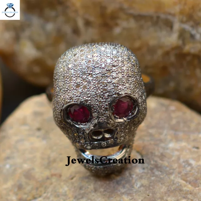Pave Diamond Skull Ring Halloween Jewelry Ruby Eyes 925 Solid Silver Scary Ring