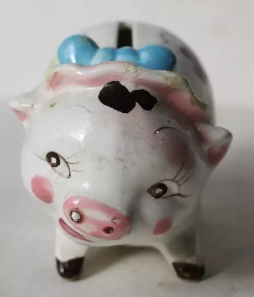 Pig Figurine Coin Bank Flowers Hand Painted Ceramic Made in Japan Cute Bank ---
