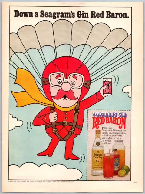 Red Baron Seagram's Gin Cartoon Parachute Vintage July, 1975 Full Page Print Ad