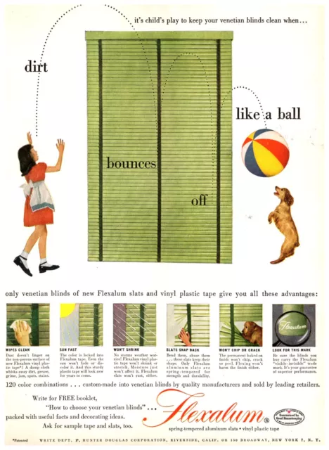 Vtg Print Ad 1950 Flexalum Venetian Blinds Little Girl Cocker Spaniel Beach Ball