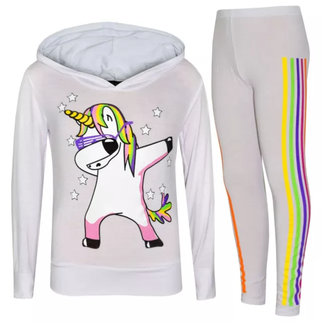 Kids Girls Xmas Tracksuit Unicorn White Top Legging  Rainbow Dab Floss Set