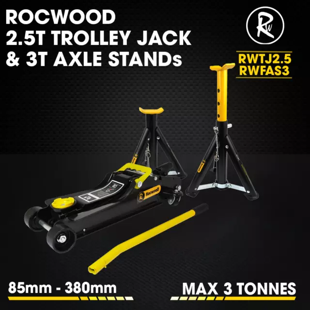 Trolley Jack 2.5 Ton Tonne Low Profile Hydraulic & Axle Stand Set 3 Ton Foldable