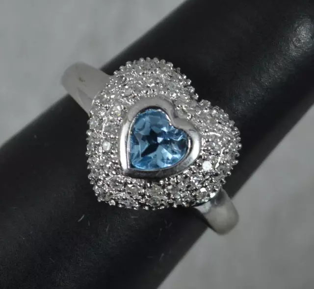 Heart Shape 9ct White Gold Blue Topaz and Diamond Cluster Ring