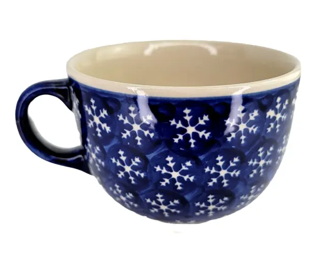 Boleslawiec Polish Pottery Large Snowflake Coffee Soup Mug / Cup Blue