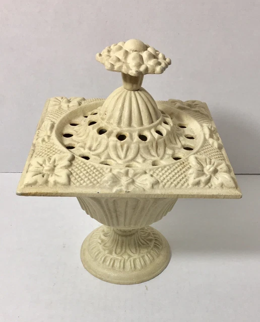 Hen Feathers Ivory Cast Iron Large 9.5” Lidded Urn Flower Home Garden Decor