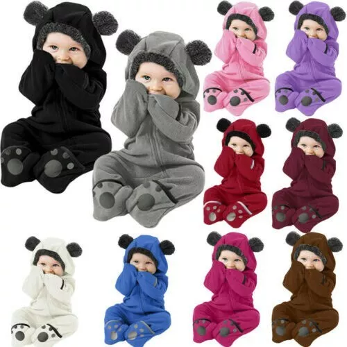 Infant Baby Kid Girl Boy Solid Cartoon Ear Hoodie Romper Clothes Fleece Jumpsuit