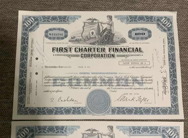 (Lot of 3) First Charter Financial Corporation Stock Certificate 100 Shares Blue 2